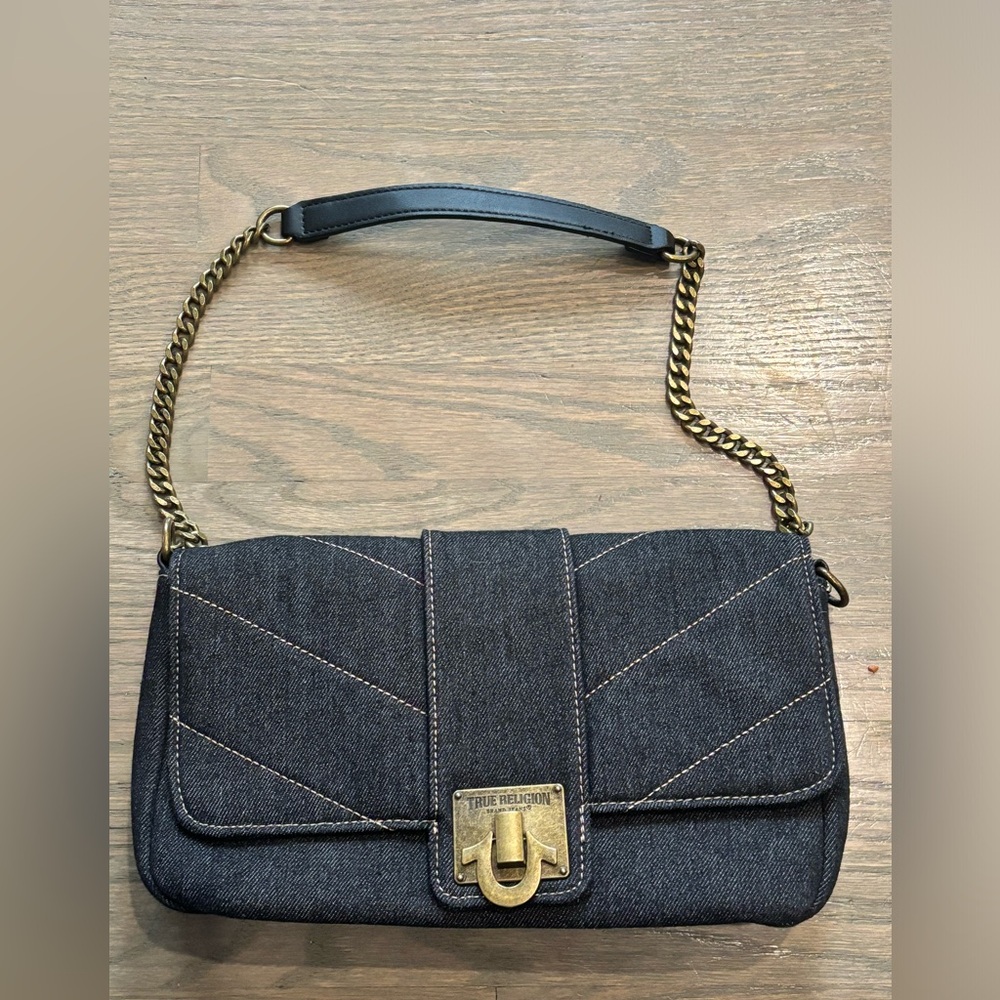 True Religion DENIM BRASS HARDWARE FLAP Mini Shoulder Bag EUC - Picture 5 of 6